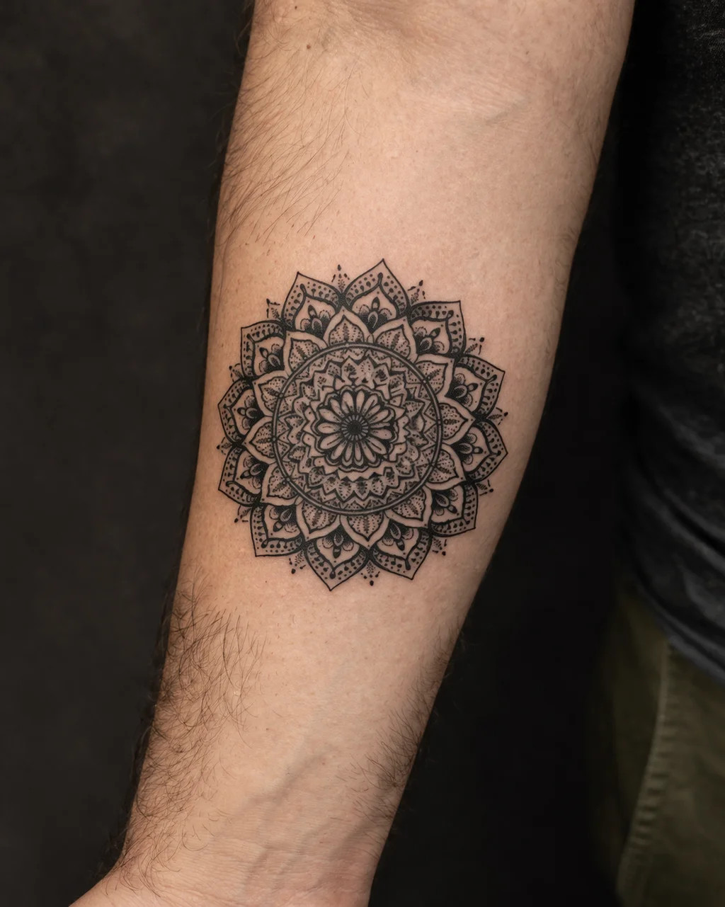 An intricate blackwork mandala tattoo on a mans inner forearm with symmetrical geometric patterns and dotwork shading in pure black ink