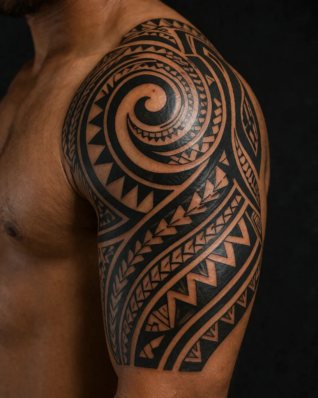 A bold Polynesian Maori tribal tattoo on a mans shoulder and upper arm with thick black geometric patterns curves and spirals