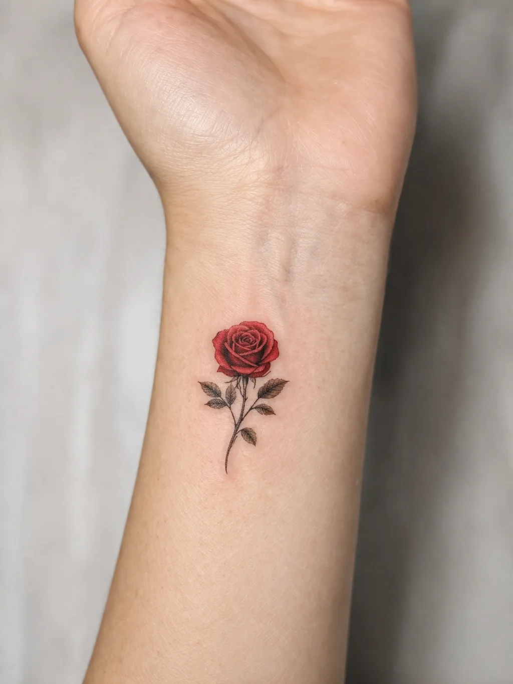 A small realistic red rose tattoo on a womans inner wrist with soft shading thin black outlines and small green leaves
